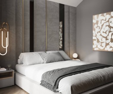 Karanlık, modern bir yatak odası, parlak bir yüzey, 3 boyutlu görüntüleme, cg illüstrasyon.