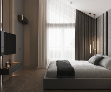 Karanlık, modern bir yatak odası, parlak bir yüzey, 3 boyutlu görüntüleme, cg illüstrasyon.