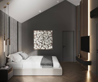 Karanlık, modern bir yatak odası, parlak bir yüzey, 3 boyutlu görüntüleme, cg illüstrasyon.