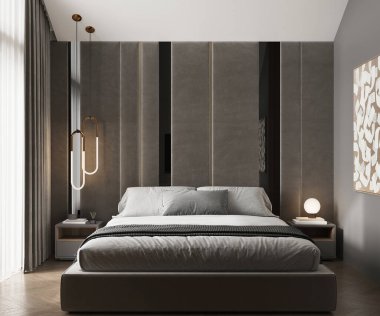 Karanlık, modern bir yatak odası, parlak bir yüzey, 3 boyutlu görüntüleme, cg illüstrasyon.