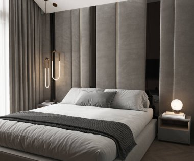 Karanlık, modern bir yatak odası, parlak bir yüzey, 3 boyutlu görüntüleme, cg illüstrasyon.