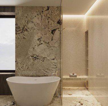 Doğal ışık ve Alpinus Vintage ve Botticino Fiorito mermerlerinin yer aldığı ılık tonlarda lüks bir Premium Banyo 'nun 3D görüntüsü