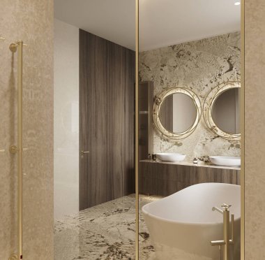 Doğal ışık ve Alpinus Vintage ve Botticino Fiorito mermerlerinin yer aldığı ılık tonlarda lüks bir Premium Banyo 'nun 3D görüntüsü