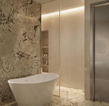 Doğal ışık ve Alpinus Vintage ve Botticino Fiorito mermerlerinin yer aldığı ılık tonlarda lüks bir Premium Banyo 'nun 3D görüntüsü