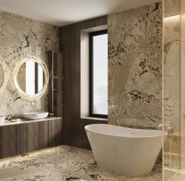 Doğal ışık ve Alpinus Vintage ve Botticino Fiorito mermerlerinin yer aldığı ılık tonlarda lüks bir Premium Banyo 'nun 3D görüntüsü
