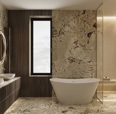 Doğal ışık ve Alpinus Vintage ve Botticino Fiorito mermerlerinin yer aldığı ılık tonlarda lüks bir Premium Banyo 'nun 3D görüntüsü