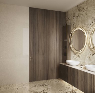 Doğal ışık ve Alpinus Vintage ve Botticino Fiorito mermerlerinin yer aldığı ılık tonlarda lüks bir Premium Banyo 'nun 3D görüntüsü