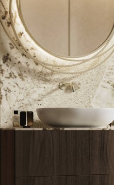 Doğal ışık ve Alpinus Vintage ve Botticino Fiorito mermerlerinin yer aldığı ılık tonlarda lüks bir Premium Banyo 'nun 3D görüntüsü