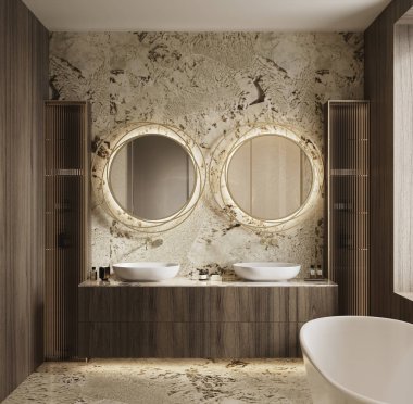 Doğal ışık ve Alpinus Vintage ve Botticino Fiorito mermerlerinin yer aldığı ılık tonlarda lüks bir Premium Banyo 'nun 3D görüntüsü