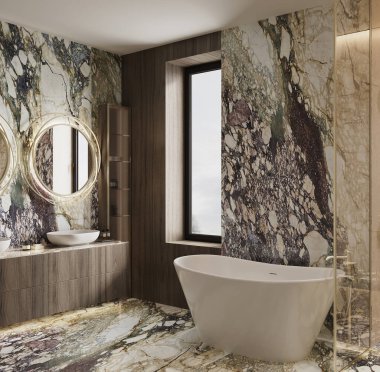 Doğal ışık ve sıcak tonlarda Arabescato Rosa ve Botticino Fiorito mermerlerinin yer aldığı Lüks Premium Banyo 'nun 3D görüntüsü