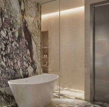 Doğal ışık ve sıcak tonlarda Arabescato Rosa ve Botticino Fiorito mermerlerinin yer aldığı Lüks Premium Banyo 'nun 3D görüntüsü
