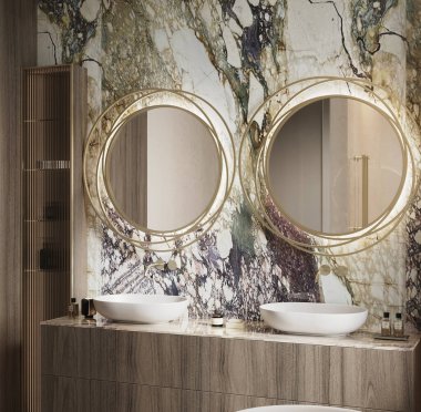 Doğal ışık ve sıcak tonlarda Arabescato Rosa ve Botticino Fiorito mermerlerinin yer aldığı Lüks Premium Banyo 'nun 3D görüntüsü