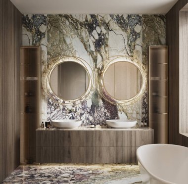 Doğal ışık ve sıcak tonlarda Arabescato Rosa ve Botticino Fiorito mermerlerinin yer aldığı Lüks Premium Banyo 'nun 3D görüntüsü