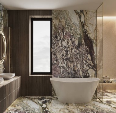 Doğal ışık ve sıcak tonlarda Arabescato Rosa ve Botticino Fiorito mermerlerinin yer aldığı Lüks Premium Banyo 'nun 3D görüntüsü