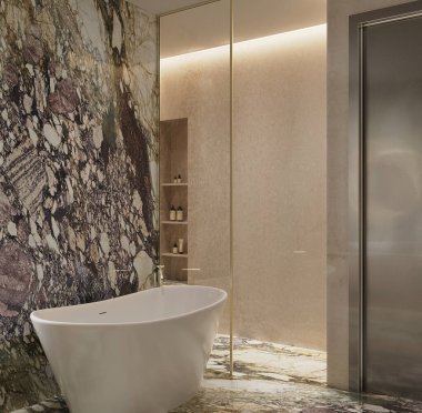 Doğal ışık ve sıcak tonlarda Arabescato Rosa ve Botticino Fiorito mermerlerinin yer aldığı Lüks Premium Banyo 'nun 3D görüntüsü