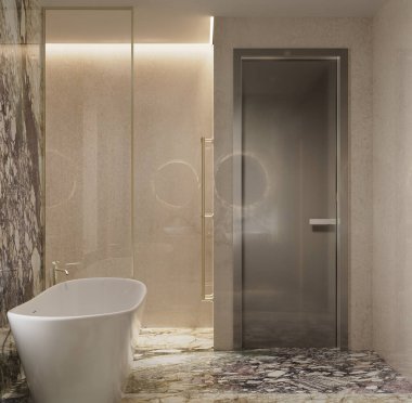 Doğal ışık ve sıcak tonlarda Arabescato Rosa ve Botticino Fiorito mermerlerinin yer aldığı Lüks Premium Banyo 'nun 3D görüntüsü