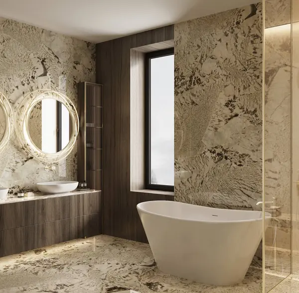 Doğal ışık ve Alpinus Vintage ve Botticino Fiorito mermerlerinin yer aldığı ılık tonlarda lüks bir Premium Banyo 'nun 3D görüntüsü
