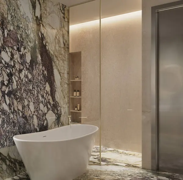 Doğal ışık ve sıcak tonlarda Arabescato Rosa ve Botticino Fiorito mermerlerinin yer aldığı Lüks Premium Banyo 'nun 3D görüntüsü