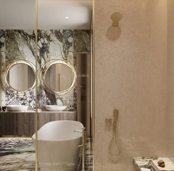 Doğal ışık ve sıcak tonlarda Arabescato Rosa ve Botticino Fiorito mermerlerinin yer aldığı Lüks Premium Banyo 'nun 3D görüntüsü