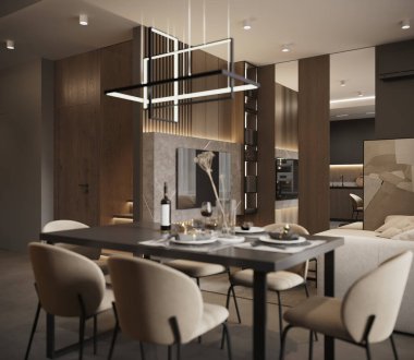 Modern yemek ve oturma odasının minimalist tasarımı, zarif mobilyaları, nötr renkleri, rahat atmosferi, sıcak ışıklandırması olan fotorealistik 3D görüntüsü.