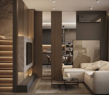 Modern yemek ve oturma odasının minimalist tasarımı, zarif mobilyaları, nötr renkleri, rahat atmosferi, sıcak ışıklandırması olan fotorealistik 3D görüntüsü.