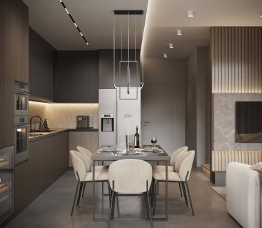Modern yemek ve oturma odasının minimalist tasarımı, zarif mobilyaları, nötr renkleri, rahat atmosferi, sıcak ışıklandırması olan fotorealistik 3D görüntüsü.