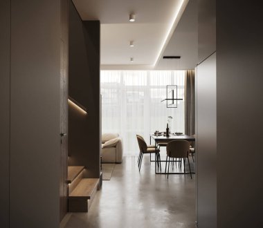 Modern yemek ve oturma odasının minimalist tasarımı, zarif mobilyaları, nötr renkleri, rahat atmosferi, sıcak ışıklandırması olan fotorealistik 3D görüntüsü.