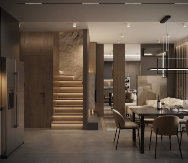 Modern yemek ve oturma odasının minimalist tasarımı, zarif mobilyaları, nötr renkleri, rahat atmosferi, sıcak ışıklandırması olan fotorealistik 3D görüntüsü.