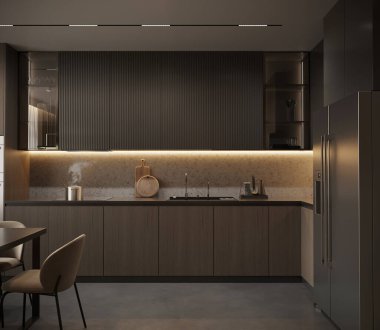 Modern yemek ve oturma odasının minimalist tasarımı, zarif mobilyaları, nötr renkleri, rahat atmosferi, sıcak ışıklandırması olan fotorealistik 3D görüntüsü.