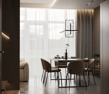 Modern yemek ve oturma odasının minimalist tasarımı, zarif mobilyaları, nötr renkleri, rahat atmosferi, sıcak ışıklandırması olan fotorealistik 3D görüntüsü.