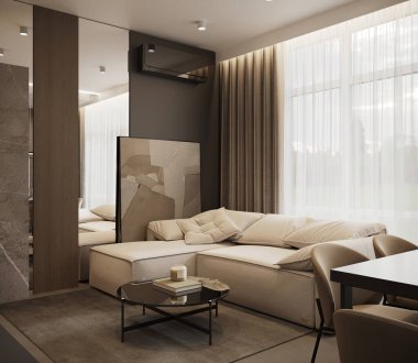 Modern yemek ve oturma odasının minimalist tasarımı, zarif mobilyaları, nötr renkleri, rahat atmosferi, sıcak ışıklandırması olan fotorealistik 3D görüntüsü.