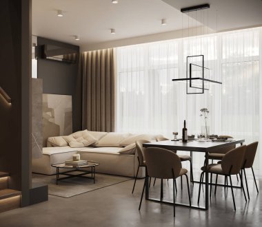 Modern yemek ve oturma odasının minimalist tasarımı, zarif mobilyaları, nötr renkleri, rahat atmosferi, sıcak ışıklandırması olan fotorealistik 3D görüntüsü.