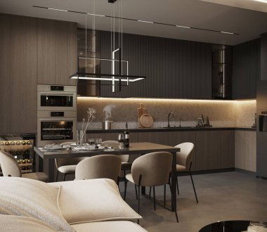 Modern yemek ve oturma odasının minimalist tasarımı, zarif mobilyaları, nötr renkleri, rahat atmosferi, sıcak ışıklandırması olan fotorealistik 3D görüntüsü.