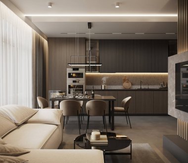Modern yemek ve oturma odasının minimalist tasarımı, zarif mobilyaları, nötr renkleri, rahat atmosferi, sıcak ışıklandırması olan fotorealistik 3D görüntüsü.
