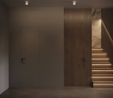 Modern yemek ve oturma odasının minimalist tasarımı, zarif mobilyaları, nötr renkleri, rahat atmosferi, sıcak ışıklandırması olan fotorealistik 3D görüntüsü.