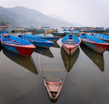Pokhara, Nepal 'deki Fewa Gölü' nde bir grup renkli ahşap tekne..