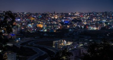 Nepal Katmandu şehrinde, Tihar 'ın ışığının yüksek açılı gece manzarası.