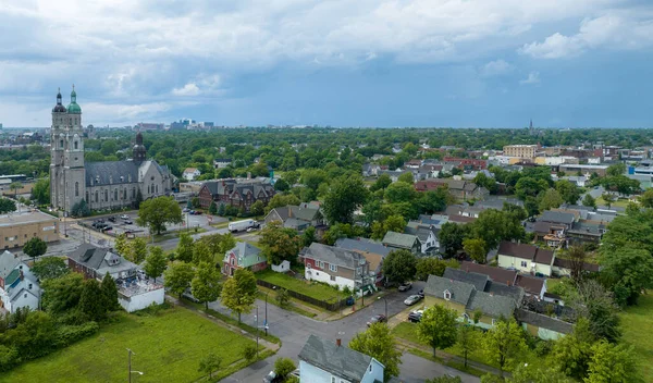 An aerial of the city of Buffalo, New York as a storm passes overhead.