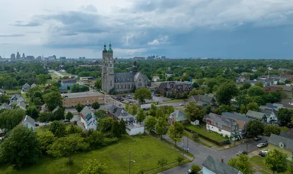 An aerial of the city of Buffalo, New York as a storm passes overhead.