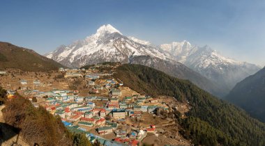 A High Angle View of Namche Bazaar in the valley with mountains all around. clipart