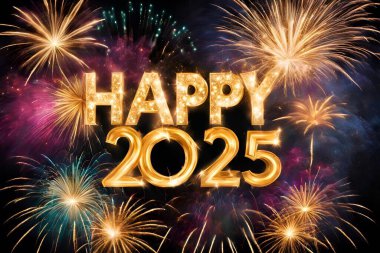 A dazzling fireworks display lighting up the night sky with 'Happy New Year 2025' text overlay in golden, sparkling font clipart