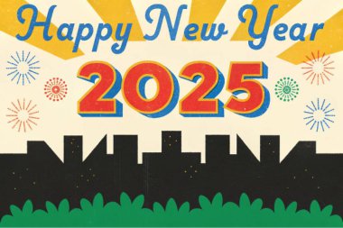 A dazzling fireworks display lighting up the night sky with Happy New Year 2025 text overlay in golden, sparkling font. clipart