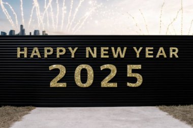 A dazzling fireworks display lighting up the night sky with Happy New Year 2025 text overlay in golden, sparkling font. clipart