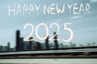 A dazzling fireworks display lighting up the night sky with Happy New Year 2025 text overlay in golden, sparkling font. clipart