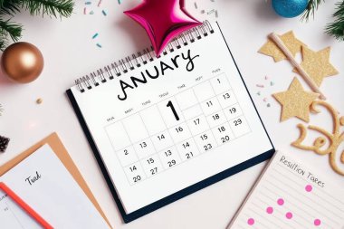 Festive Flat Lay with Calendar for Resolution Notebook, and Party Props 1 Ocak 2025