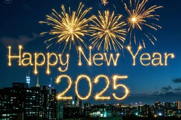 Göz kamaştırıcı bir havai fişek gösterisi, gece gökyüzünü 'Mutlu Yıllar 2025' yazılı altın, ışıltılı yazı tipiyle aydınlatıyor.