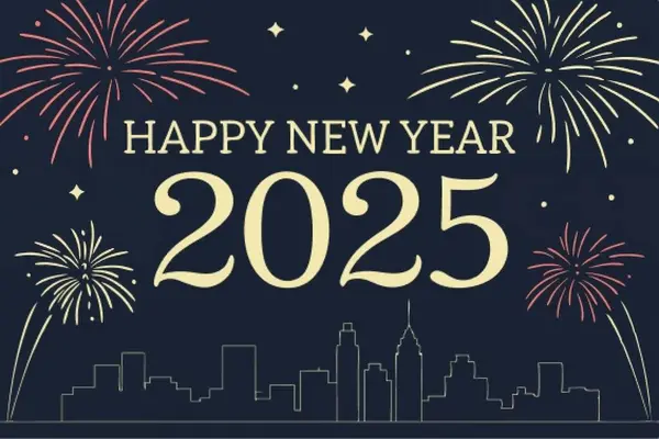 Göz kamaştırıcı bir havai fişek gösterisi gökyüzünü aydınlatıyor. Mutlu yıllar 2025 yazıları altın, ışıltılı yazı tipiyle örtüyor..