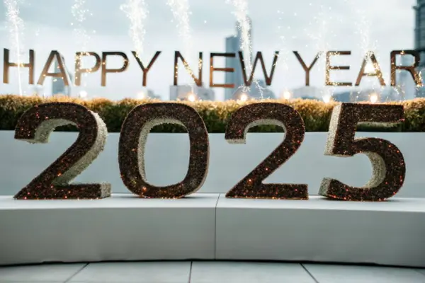 Göz kamaştırıcı bir havai fişek gösterisi gökyüzünü aydınlatıyor. Mutlu yıllar 2025 yazıları altın, ışıltılı yazı tipiyle örtüyor..