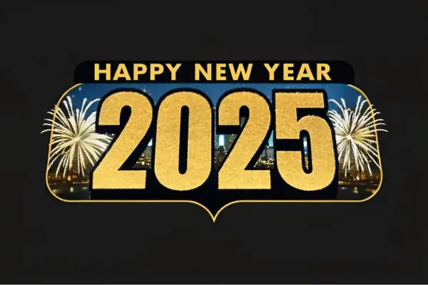 Göz kamaştırıcı bir havai fişek gösterisi gökyüzünü aydınlatıyor. Mutlu yıllar 2025 yazıları altın, ışıltılı yazı tipiyle örtüyor..