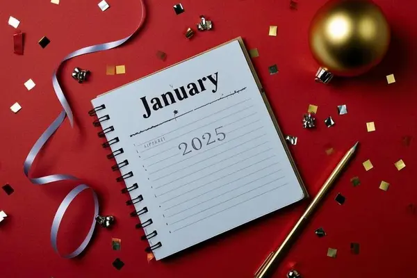 Festive Flat Lay with Calendar for Resolution Notebook, and Party Props 1 Ocak 2025